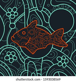 Hand-drawn fish in vector. Ornament with flowers, moldings and gemometric figures.