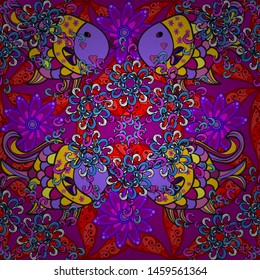 Handdrawn. Fishes on black, red and purple. Seamless pattern. Reaver fish on colored background. Vector illustration.