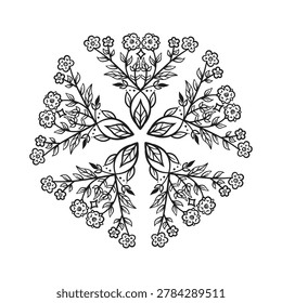 A hand-drawn five-axis symmetrical pattern with leaves and flowers. Suitable for decorative projects, composition exercises, and examples of artistic symmetry.