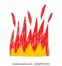 Handdrawn flame graphic with bold fire silhouette. Hot red and yellow symbol for grill logos. Flat vector illustration isolated on white background.