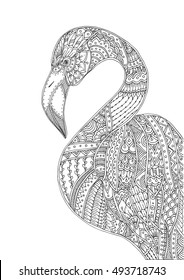 Hand-drawn flamingo with ethnic doodle pattern. Coloring page - zentangle, for  relaxation and coloring for adults, vector illustration, isolated on a white background. Zen doodle.