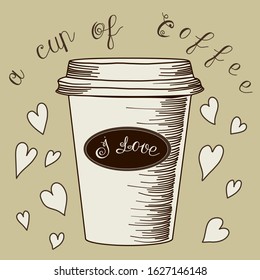 A hand-drawn flat brown and white drawing, which shows a paper cup of coffee, on which a label with the inscription I love is stuck, a beige background with hearts and the name of the picture 