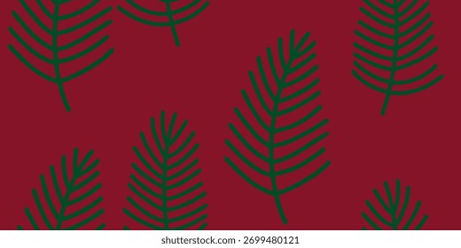 Hand-Drawn Flat Christmas Pine Leaves on Red Background