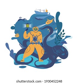 Hand-drawn flat elements of the poster A diver on the sea floor saw a huge octopus.Bathyscaphe, dolphins, jellyfish, whale and ship-the heroes of this picture