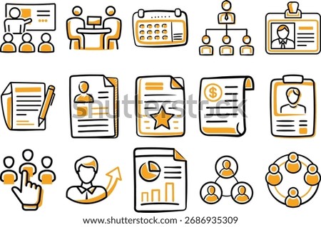 Handdrawn flat HR management doodle icon set – Human resources, recruitment, employee, resume, organization, leadership, performance and teamwork vector collection	