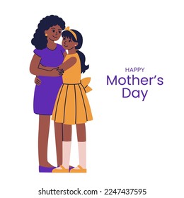 Hand-drawn flat illustration in cartoon style for Mother's Day. African American mom and teenage girl hugging and smiling together. Happy family, mother and daughter relationship, motherhood concept. 