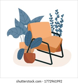 Hand-drawn flat illustration of a cozy interior. Homeliness concept. An armchair surrounded by different indoor plants. Vector image.