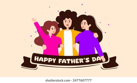 A hand-drawn flat illustration of a dad celebrating Father's Day with his wife and daughter.  Vector Illustration. Start up. Creative environment.