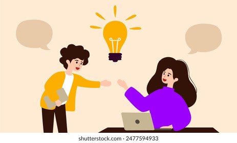 A hand-drawn flat illustration depicting collaboration to generate new ideas, foster creative concepts, and drive innovation. Vector Illustration. Start up. Creative environment.