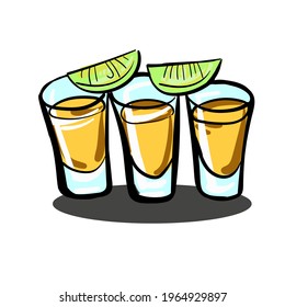 Hand-drawn flat illustration in pop art cartoon style with tequila shots. Vector illustration.