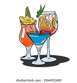 Hand-drawn flat illustration in pop art cartoon style with a cocktails. Vector illustration.