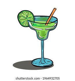 Hand-drawn flat illustration in pop art cartoon style with a Margarita cocktail. Vector illustration.