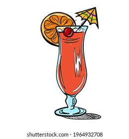 Hand-drawn flat illustration in pop art cartoon style with a tropical cocktail. Vector illustration.