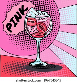 Hand-drawn flat illustration in pop art style with a gin cocktail and sign Pink. Vector illustration.