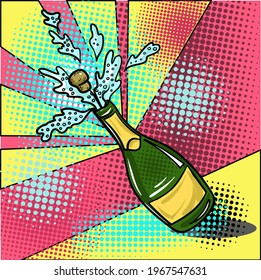 Hand-drawn Flat Illustration In Pop Art Style With A Prosecco Bottle. Vector Illustration.