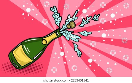 Hand-drawn flat illustration in pop art style with a prosecco bottle. Vector art illustration.