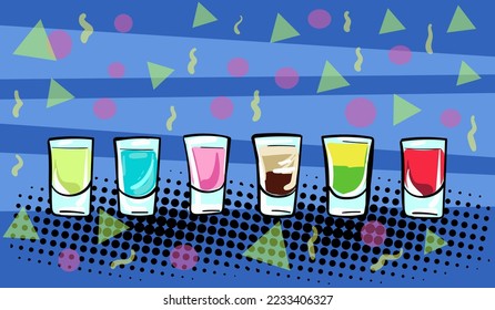 Hand-drawn flat illustration in pop art style with shots. Vector art illustration.