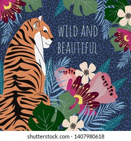 Hand-drawn flat illustration with wild cat and tropical leaves and flowers. Creative cute vector with tiger.