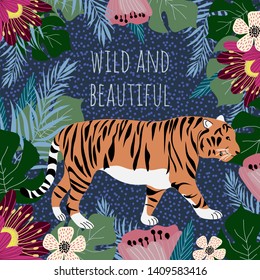 Hand-drawn flat illustration with wild cat and tropical flowers and leaves- for home decor, print, poster or greeting card. Creative cute vector