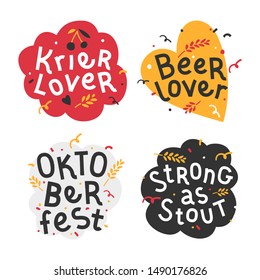 Ilustraciones planas hechas a mano con fondo. Grabado a mano para el festival de oktoberfest. Es bueno para el afiche, pegatina o impresión en pantalones para la celebración de la cerveza. La cerveza y el kriek son citas de amor lambico con doodles.