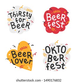 Handdrawn flat illustrations with background. Handwritten lettering for oktoberfest. Good for poster, sticker or t-shirt print for beer festifal. Thirsty for beer quote with doodles for octoberfest. 