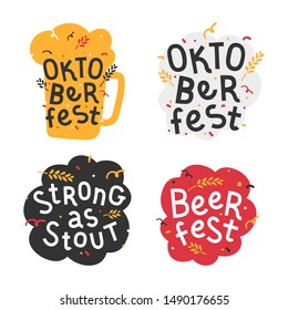 Handdrawn flat illustrations with mug background. Handwritten lettering for oktoberfest. Good for poster, sticker or t-shirt print for caft beer festifal. Strong as stout quote with doodles.