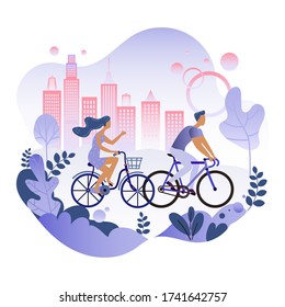 A hand-drawn flat image of a guy and a girl riding a bike in a beautiful Park