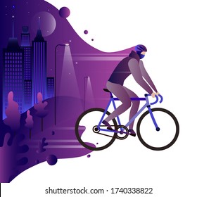 Hand-drawn, flat image.The guy rides a bike through the city at night. Against the background of the night city.