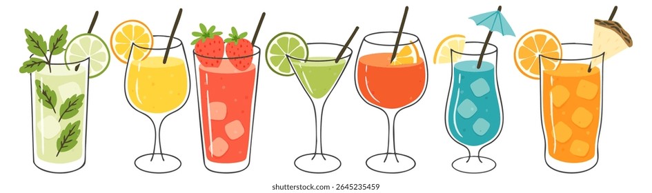 Hand-drawn flat and ink illustration of various colorful cocktails and summer drinks in different glasses with garnishes like lemon, lime, mint, strawberries, and umbrellas.