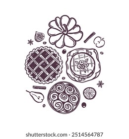 Hand-drawn flat lay autumn composition featuring pie, buns, pumpkin, fruit, baked Camembert and spices. Black sketch style. Cozy fall season. Baking and dessert concept.