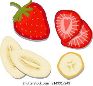 hand-drawn flat Lay, Food knolling style vector illustration of  ingredients isolated on white background. Banana abd strawberry sliced 