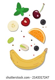 hand-drawn flat Lay, Food knolling style vector illustration of  ingredients isolated on white background. Banana with peel , pistachio, blueberry, cherry, orange,