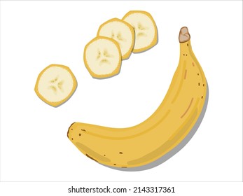 hand-drawn flat Lay, Food knolling style vector illustration of  ingredients isolated on white background. Banana with peel and without peel, sliced banana.