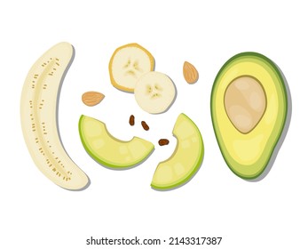 hand-drawn flat Lay, Food knolling style vector illustration of  ingredients isolated on white background. Banana , avocado, nuts, raisin, almond