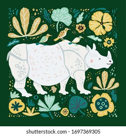 Hand-drawn flat poster elements. Cute rhinoceros went for a walk with three birds on his back .Around elements of the plant world. Flowers, leaves, grass.