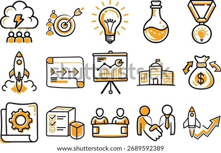 Handdrawn flat startup and innovation doodle icon set – Rocket, idea, research, business growth, funding, teamwork, planning and success vector collection	