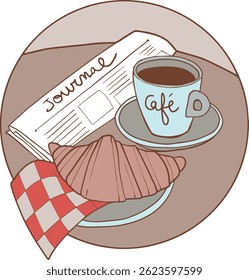 Hand-Drawn Flat Style Breakfast Scene with Coffee, Croissant and Newspaper in a Cozy Café