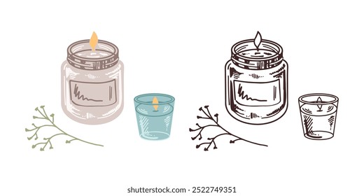 Velas de cera de estilo plano dibujadas a mano en un frasco de vidrio-candelabros con una ramita. Elemento cosmético de la belleza, cuidado personal. Estilo de boceto.	