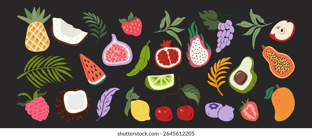 Hand-drawn flat tropical fruit vector set with mango, coconut, avocado, cherry, pineapple, lemon, fig, raspberry, strawberry, papaya, pear, lime, dragon fruit, grape, juicy, fresh, colorful design.