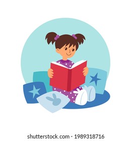 Hand-drawn flat vector illustration with cartoon girl sitting on the floor and reading a book. Child in pajama among pillows reads fairytale. Book lover, home education concept.