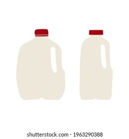 Hand-drawn, flat vector illustration of milk in plastic gallon and half-gallon jug with a red cap. Isolated on white background