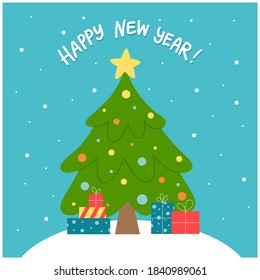 Hand-drawn flat vector illustration of new year tree with gift boxes. Christmas postcard with lettering phrase on blue background with snow. Art design for greeting web banner, poster or social media.