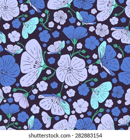 Hand-drawn flax flower pattern. Floral nature seamless background.