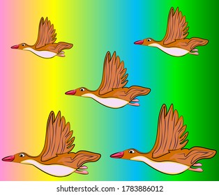 Hand-drawn a flock of wild bird ducks in flight on a colorful background. For textile and packaging design.