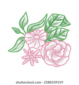 Hand-drawn floral arrangement, An artistic floral design featuring pink flowers and green leaves, perfect for invitations and digital graphics.