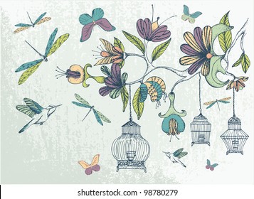 Hand-drawn floral background with bird cages