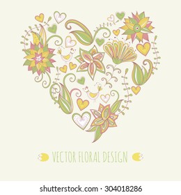 Hand-drawn floral background.  Heart shape made of leafs and flowers