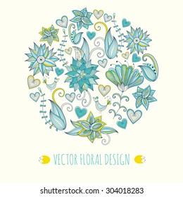 Hand-drawn floral background.  Round shape made of leafs and flowers