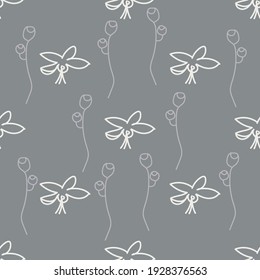 Hand-drawn floral background. Vector seamless pattern in doodle style. Light flowers on a grey background. Ideal for fabric, home textiles.