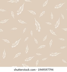 Hand-drawn floral background. Vector seamless pattern in doodle style. White leaves on a beige background. Ideal for fabric, home textiles.